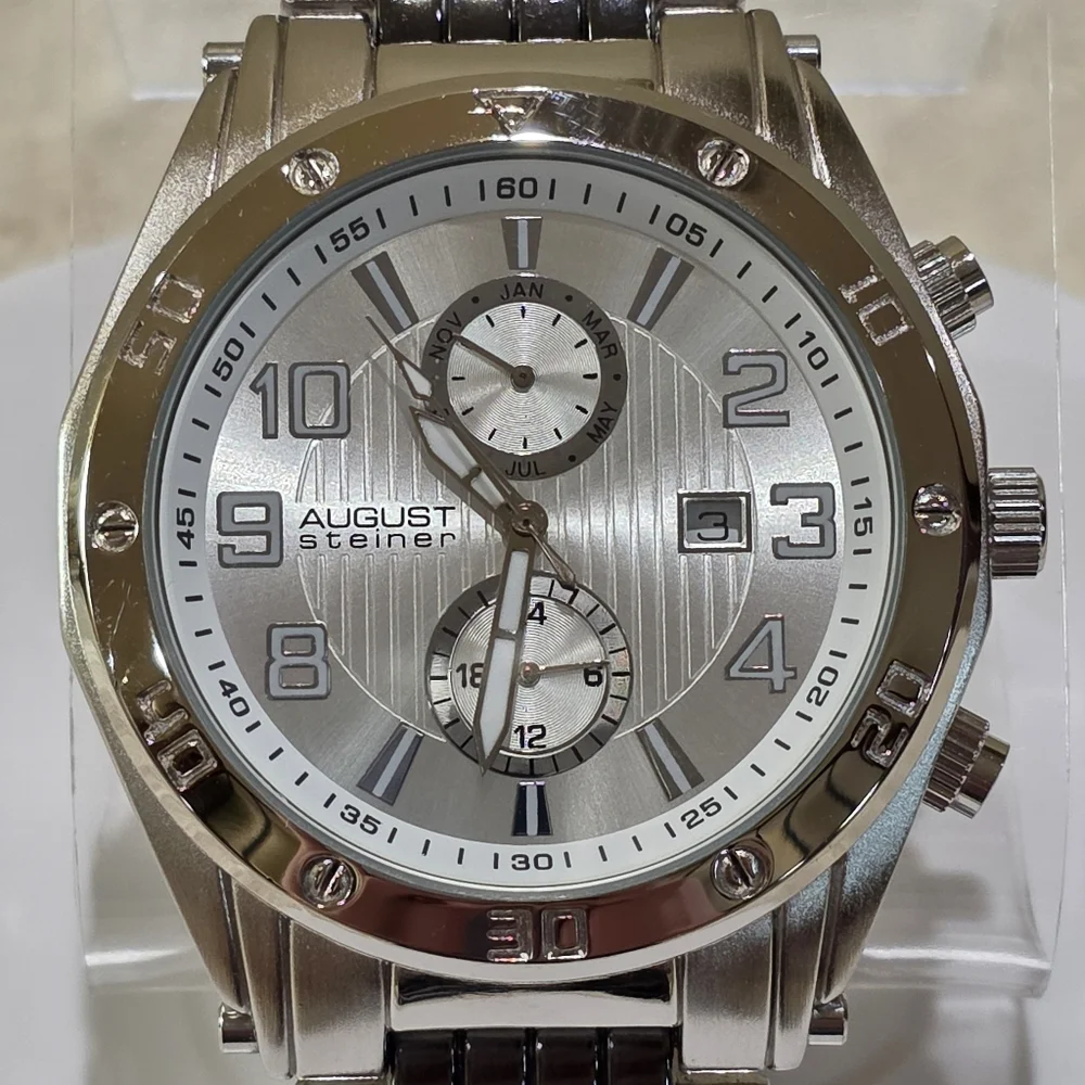 August Steiner Men's AS8070SS Swiss Quartz Month Date Silvertone Wrist Watch
